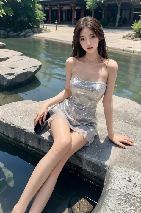 Sweet girl clothes4,strapless dress,jewelry,, stlouis,（Enrich the picture，Masterpiece quality）Beautiful 8K CG artwork，Goddess-like pose，sittinng on the river，Postural exercises，Thin and soft，Translucent skin，curlies， Brown hair long, The skin is fair and j...