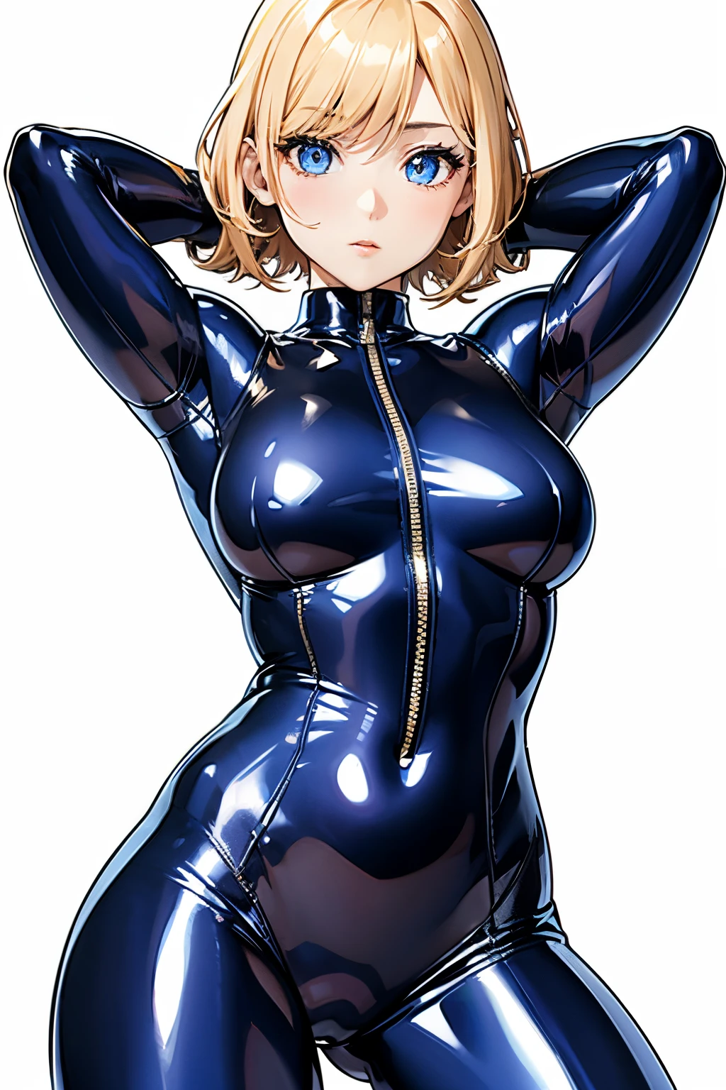 in 8K、glossy latex suit、(((Transparent latex suit)))、(((Transparent latex suit)))、short golden hair with arms behind head、Beautiful woman with blue eyes、Latex suit that shows off your body line beautifully、Upper body only