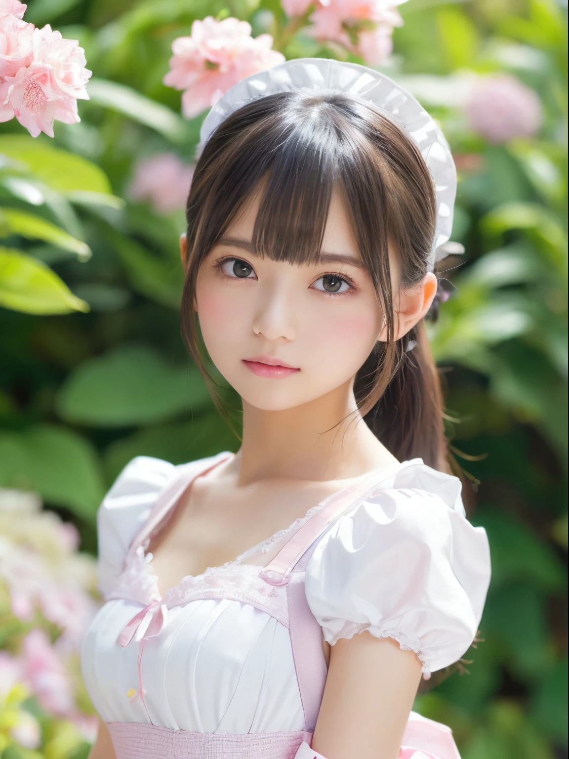 Girl in maid outfit voluminous miniskirt detailed face and eyes seaart ai