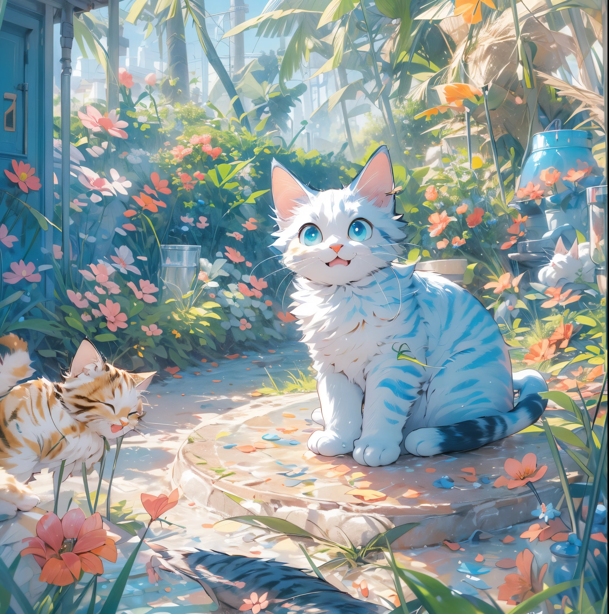 absurderes, ultra-detailliert,bright colour,(8K:1.5),masuter piece,Bright landscape,blue open sky,(Cat personification:1.4)、(Deep Blue Eyes:1.4) Pink skin、Summer morning,(Cat's Paradise),(Too cute smile:1.3)、double tooth,