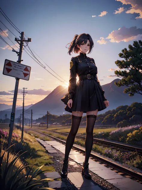 A beautiful woman stands on the railroad tracks, with signs, landscape artwork, Anime background art, Lopf Art, Detailed view – ...