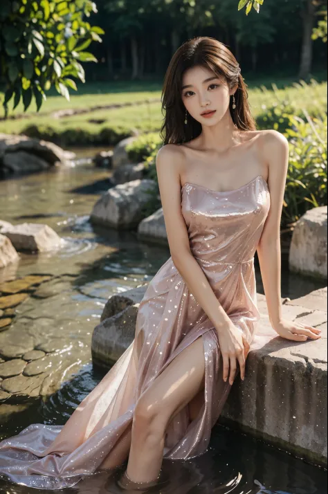 dress,, stlouis,（Enrich the picture，Masterpiece quality）Beautiful 8K CG artwork，Goddess-like pose，sittinng on the river，Postural...