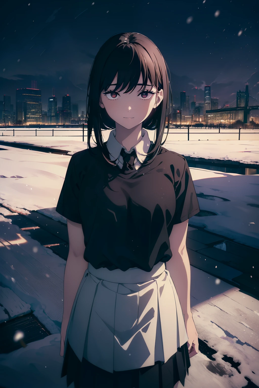 (((Obra maestra, La mejor calidad, ultrahigh resolution))), 1girl, standing, , white office shirt, black pleated skirt, (((black hair, dark black hair))), long hair cut, pale skin, ((brown eyes)), glowing_eyes, neon eyes, (ultra detailed eyes:0.7, beautiful and detailed face, detailed eyes:0.9), ((centered)), smile, ((wide shot)), facing viewer, eye level, ((vibrant background, snowy landscape, cityscape, snowing, snow)), flat chested, looking at viewer, ((half closed eyes)), ((perfect hands)), (((head:1, arms, hips, elbows, in view))), ((hands behind back)), empty eyes, beautiful lighting, outside, outdoors, background, defined subject, 25 years old,