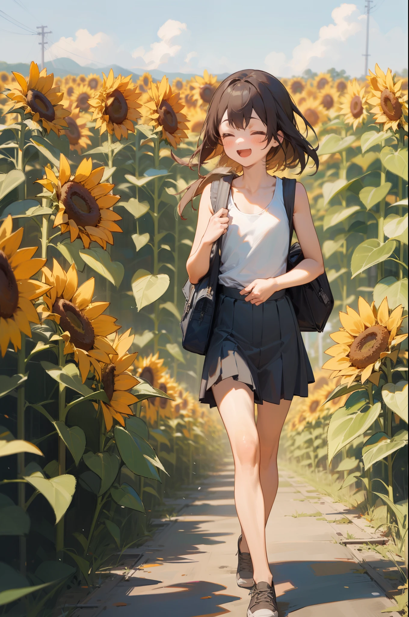 (outdoor, summer, sunflower:1.2, Paddy field), 1girl, tank top, school bag, walking, (laugh), masterpiece, best quality, 8k, perfect anatomy