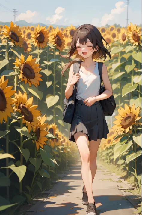 (outdoor, summer, sunflower:1.2, paddy field), 1girl, tank top, school bag, walking, (laugh), masterpiece, best quality, 8k, per...