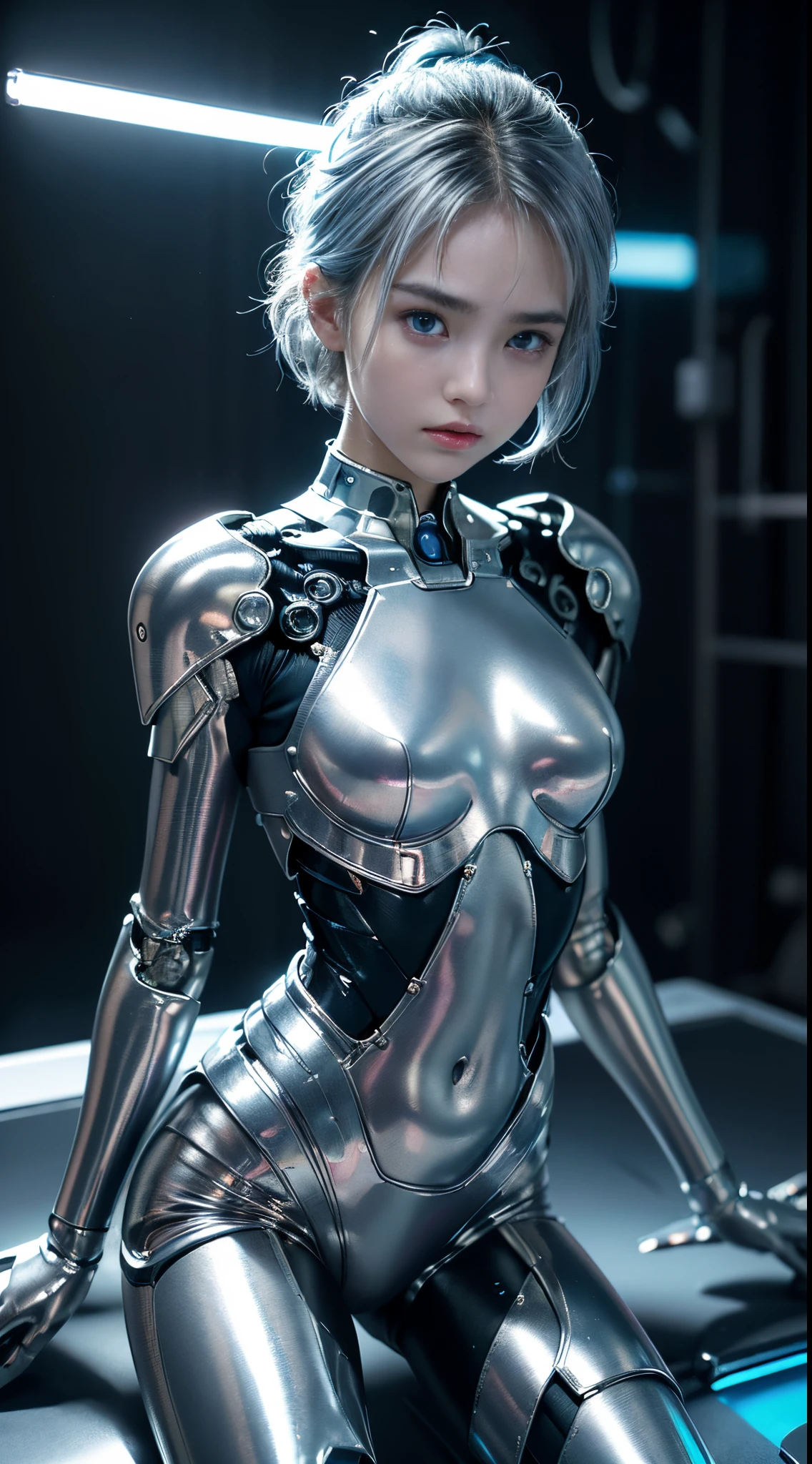 the best ever、8K,(((FULL-BODY ESBIAN)))、(((The sheen)))、(((metals)))、(((Very shiny、Very hard armor)))、(((cyber punk perssonage)))、The cute beauty of mecha(Best quality at best, detailed detail, On the table, , 8K, lightand shade contrast，Huge photos, super realistic、photorealestic, Nikon videos are very detailed )、((Beautiful shiny natural eye-catching navel、Human skin type、（(Highly realistic human))、(Perfectly rounded pupils)、The details of the pupil and iris are amazing、(((shinning eyes)))、accurate fingers、No problem with limbs、(((Caucasian 14 year old girl)))、((The skin is very fair,,,,,,,,,,,,,,))、Mouth closed naturally、naturey、natural 、gazing eyes、Natural body、a baby face、Feminine face、female bodies、(with a round face)、a small face、Soft cheeks、looking at the camera in、FULL-BODY ESBIAN、、Beautiful sparkling natural eyes、Human skin type、（(Highly realistic human))、(Perfectly rounded pupils)、The details of the pupil and iris are amazing、No problem with limbouth closed naturally、naturey、natural 、gazing eyes、Natural body、A bit baby-faced、Feminine face、female bodies、with a round face、a small face、Soft cheeks、looking at the camera in、FULL-BODY ESBIAN、balanced face shape、eyes shedding tears、(not a broken eye)、Have human-like body proportions、(((The arms are slightly longer)))、(Torso quite long)、(((Hands are slightly biggece、(((Glowing blue light blue silver hair)))、(((Handsome and cute short hair)))、(((The background is the future)))、(((8 head body)))、(((Glowing light purple eyes)))、(((Thin silver eyebrows)))、(((tthin eyebrows)))、Look at this、Gentle double eyelids、(((gentle face)))、(((Background mech)))、BladeCop)))、Fantasma na Concha、create、Space Detective Gavin、beat、、(((Night background)))、(((nomake-up)))、(((Hollywood sci-fi movie lighting))、(((New York, 5000 AD)))、((cyan and orange))、Height 1 cm、Leg length 80cm、The head is 21 cm long、,very cleverlyＸan legs、cool-pose、Shin Evangelion、ayanami rei、(((Shady)))、((combat readiness))、Cyborg、Android