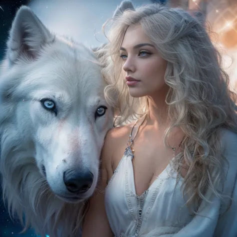 goddess venus de milo and the wolf, ((a white wolf stands next to a girl)), (huge wolf) , (a huge white wolf guards a beautiful ...