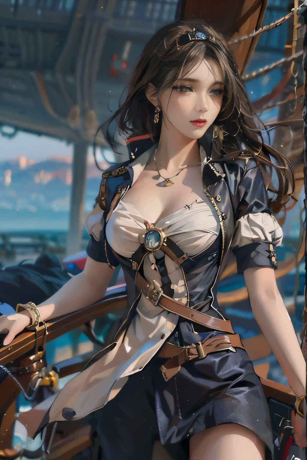 Mulher Arafe com vestido preto e branco em um barco, por Yang J, steampunk linda mulher anime, uma linda deusa steampunk, (steampunk), ( steampunk ), roupas piratas, Menina anime , em vestido steampunk detalhado, vestindo traje steampunk, estilo de fantasia steampunk, ruan jia e artgerm, por Fan Qi, tendências no cgstation, tendências na cgstation