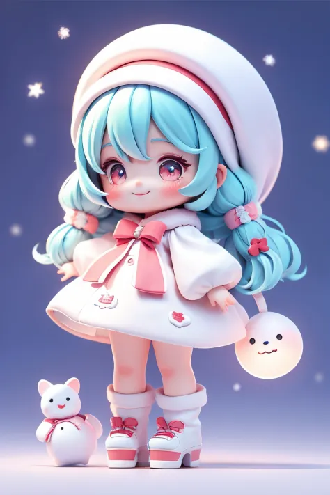 Cute girl doll dressed as snowman, smiling, chibi doll, stars in eyes (sparkles), eye up, laughing together, cute red shoe okoni...