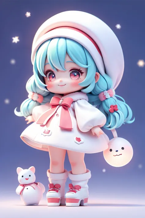 cute girl doll dressed as snowman, smiling, chibi doll, stars in eyes (sparkles), eye up, laughing together, cute red shoe okoni...