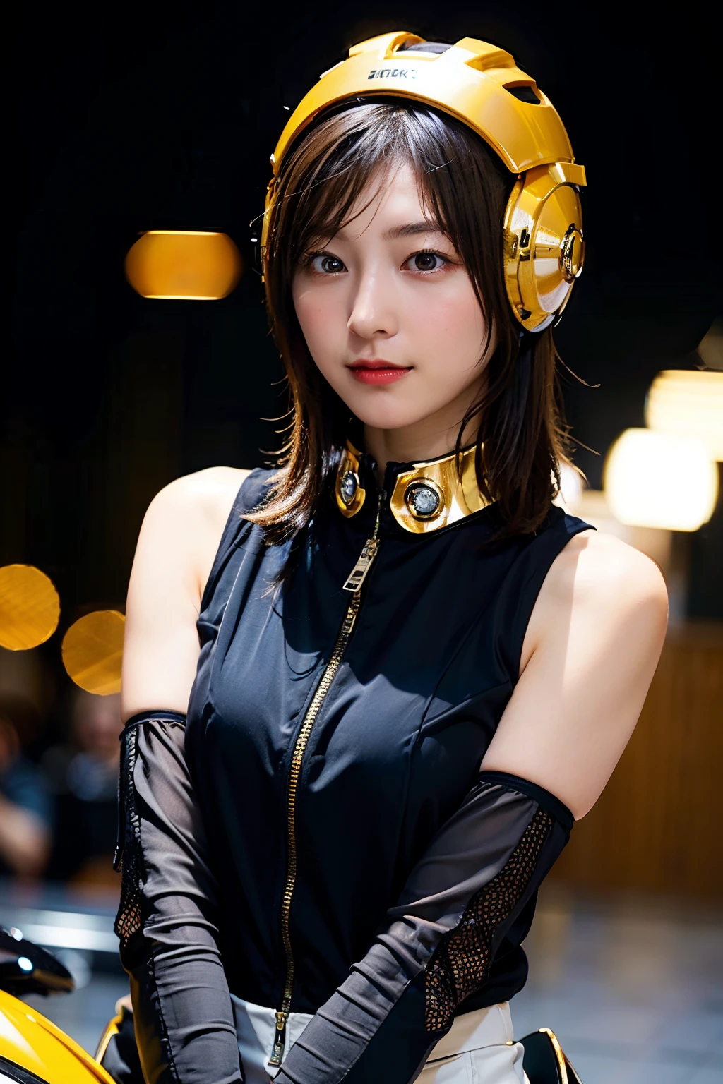 Highest image quality, excellent details, Ultra-high resolution, (fidelity: 1.4), The best illustrations, favor details, Highly condensed 1girl, with a delicate and beautiful face, swim wears、Dressed in a gold and white mecha, Wearing a mecha helmet, 8K、holding a directional controller, riding on motorcycle, a small face、the background is a high-tech lighting scene of the futuristic city.