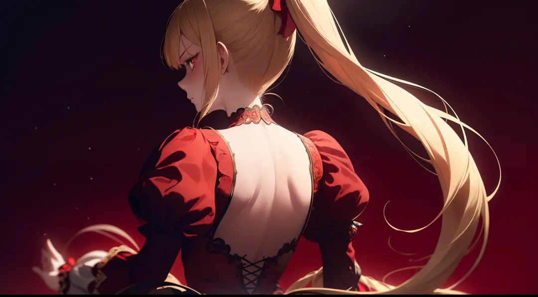 light particles, soft lighting, volumetric lighting, intricate details, finely detailed,
1girl, solo,
blonde hair, long hair, high ponytail,
red eyes, long eyelashes, thick eyelashes, looking at viewer,
red dress, ornate dress, backless dress, puffy sleeve...