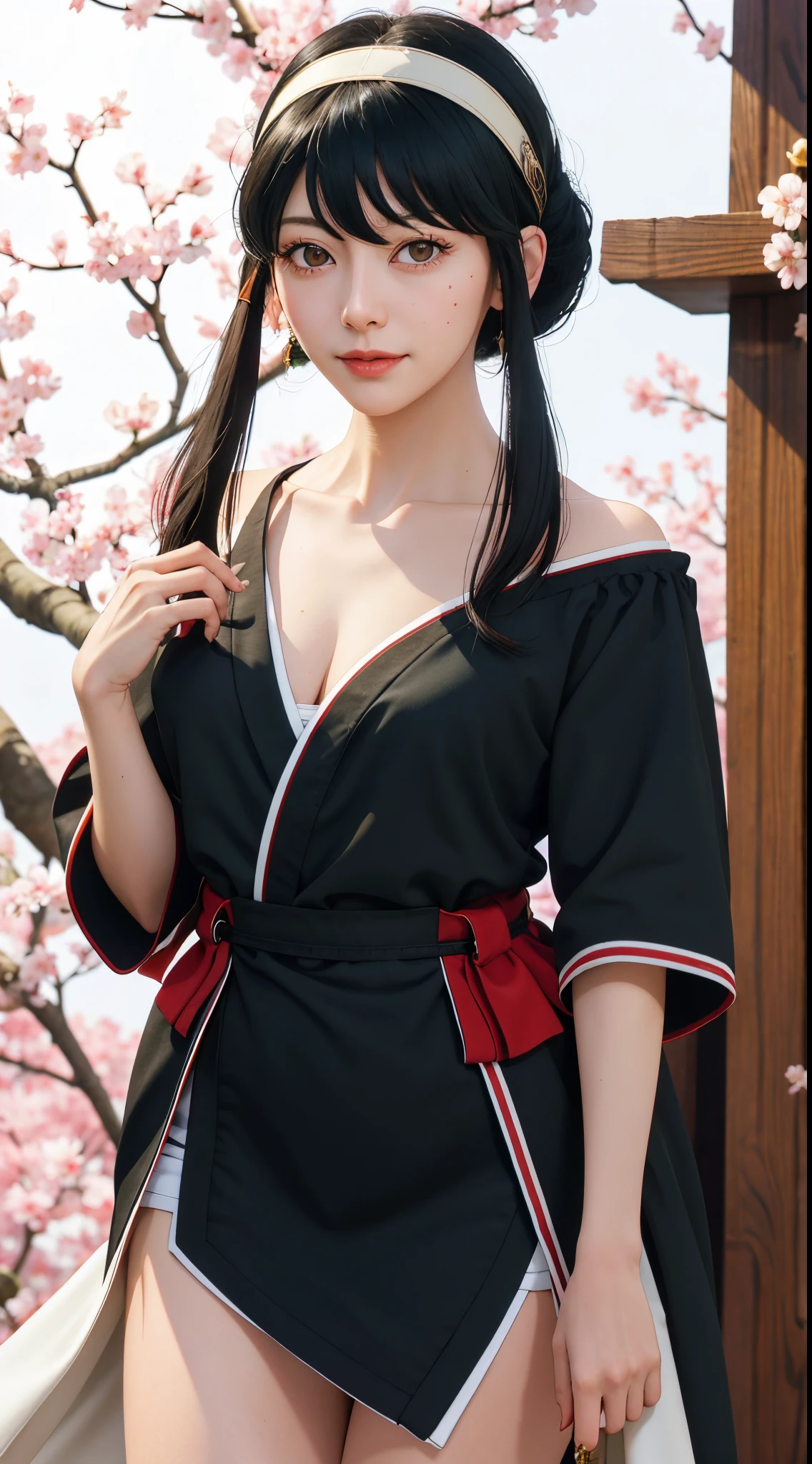 yor, Mature female,  bangs, side locks, Red eyes, Black hair, hair adornments，sportrait, (face:1.2), schoolgirls, ssmile,bare shoulders​, Black hair, cherry blossom, cleavage, (Robe:1.21), 鎖骨, Willow Branch, (masterpiece best quality :1.2),