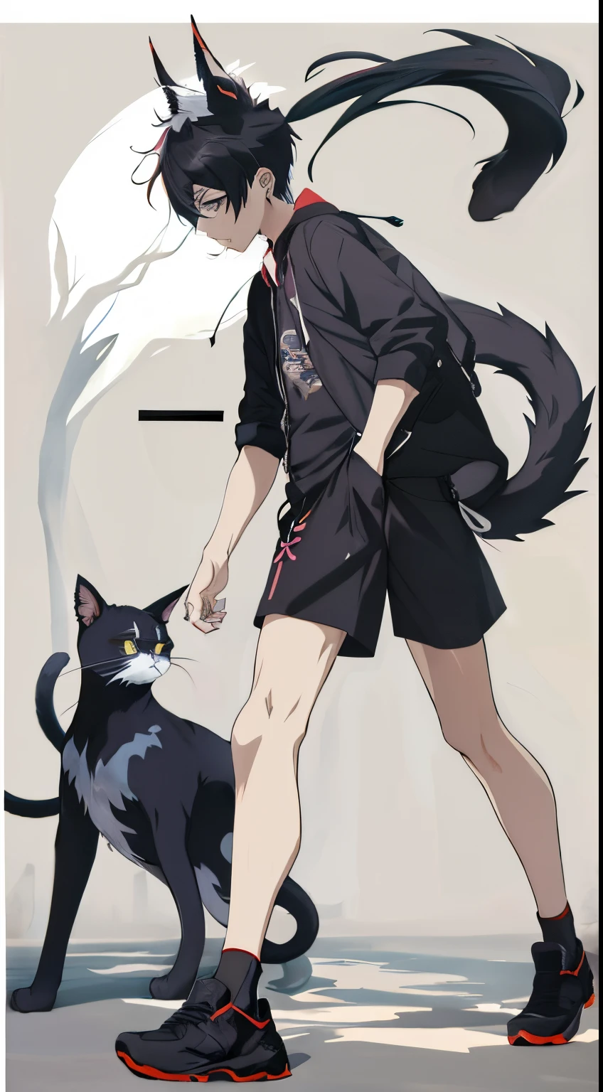 Anime boy with black cat and white cat walking by - SeaArt AI