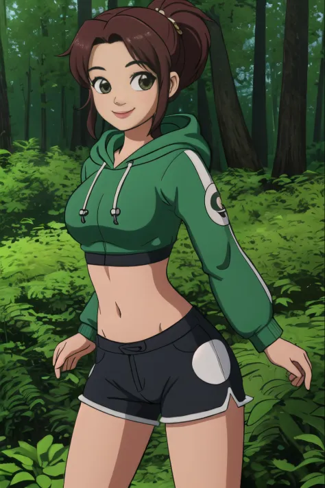 high quality 3d image of close up,smiling,looking at the camera,masterpiece,high detail,shorts,hoody,in a forest,exposed midriff,standing,
