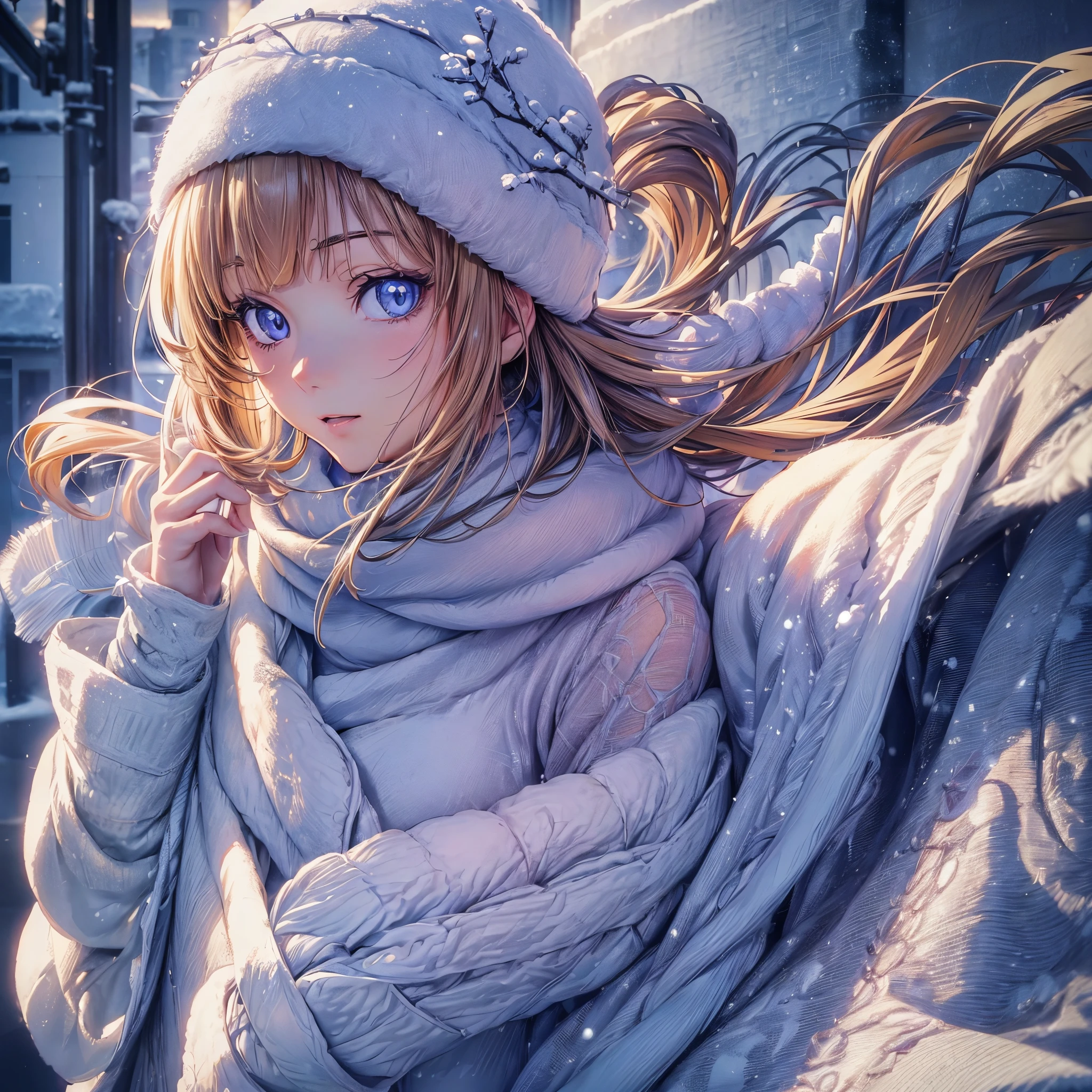 ((animé, Une femme, yeux détaillés, Visage détaillé, corps détaillé), ((Meilleure qualité, très détaillé 8K Background, meilleure ombre), très détaillé, (beaux yeux détaillés), ((hiver Clothes, lumière du jour, hiver)))) (tir de cow-boy), animé, Ville, meilleure qualité et détails élevés, 4k