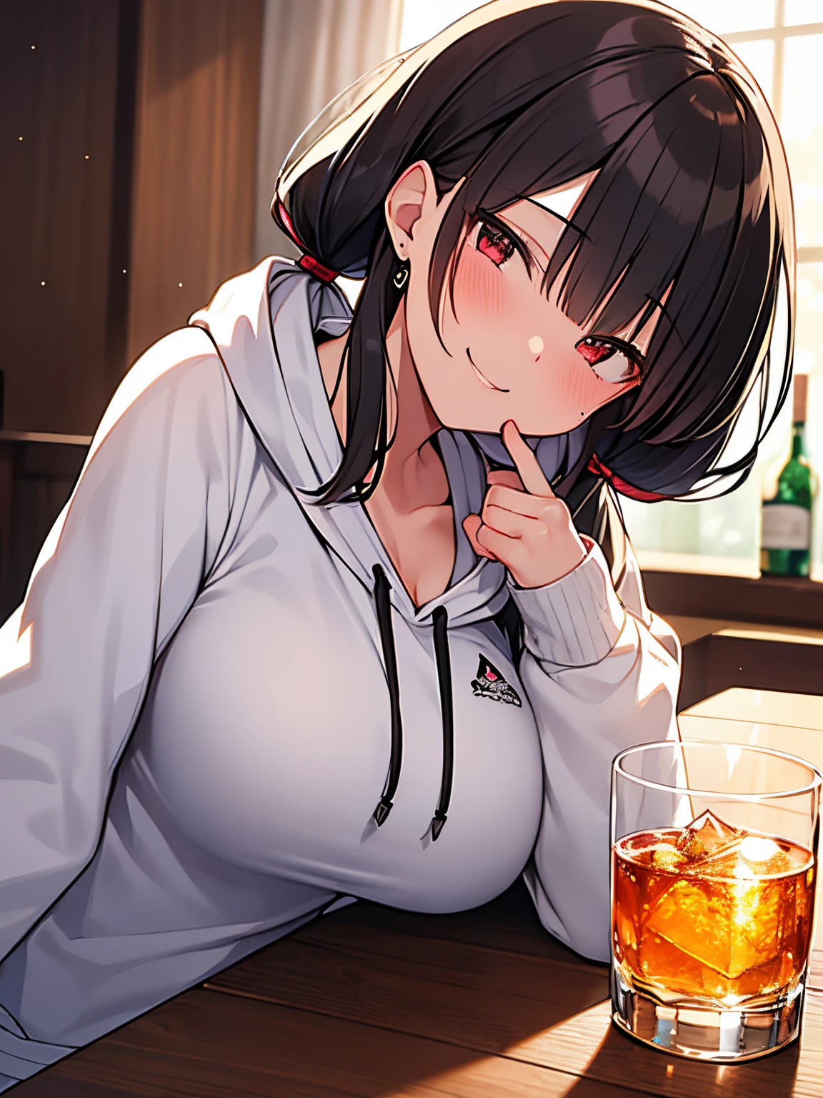 Anime girl with long black hair sitting at a table with a glass of whiskey  - SeaArt AI