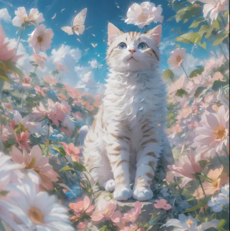 absurderes, ultra-detailliert,bright colour,(8K:1.5),masuter piece,Hearts fly,Bright scenery、For that, blue open sky,(Deep Blue Eyes:1.4) Valley、Pink skin、Summer morning、(Cat's Paradise),