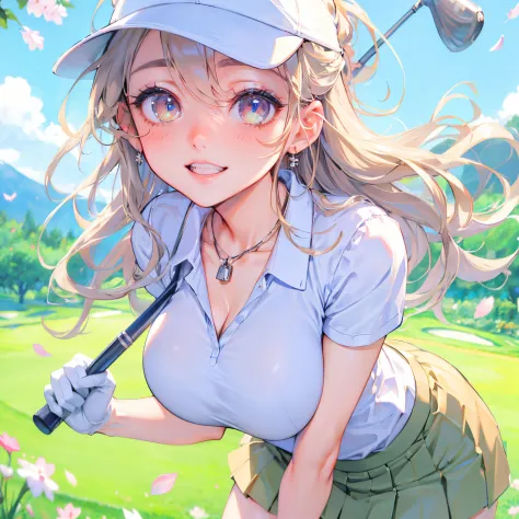 (Best Quality, masutepiece),ultra detailed photographic,1girl in, Female Golfer,Skirt,Large breasts,nice legs,At the golf venue,Detailed beautiful face,Beautiful eyes,detailed hairs,detailed  clothes,Detailed realistic skin,Pretty,Smile,Dynamic Angle,