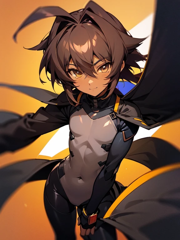 (((Dark skin))), (otokonoko), 1 male, cute, young, (beautiful boy) (long dark brown hair with long ahoge)), hazel eye colour, flat lean bufd chested) wear a(black muv-luv fortified) black armoured bodysuit outfit black exosuit legging black gauntlets, black trenchcoat,smile, close up, ((magical boy))