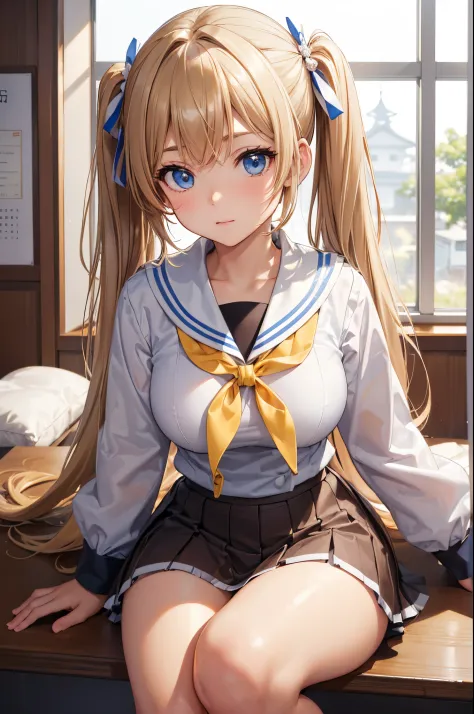 (Masterpiece, Best quality, ultra high resolution),1girl, dark brown skin, blue eyes, blonde hair, large breasts, thick thighs, twintails, Japanese highschool girl uniform, beautiful and detailed face, detailed eyes, detailed nose, school background (( bro...