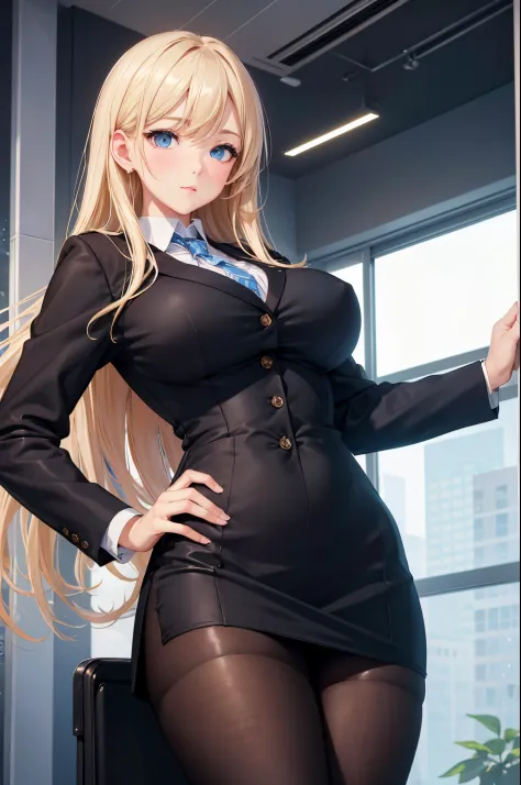 (Masterpiece, Best quality, ultra high resolution),1girl, dark brown skin, blue eyes, blonde hair, large breasts, thick thighs, himecut, Office lady uniform, beautiful and detailed face, detailed eyes, detailed nose, school background (( white and black th...