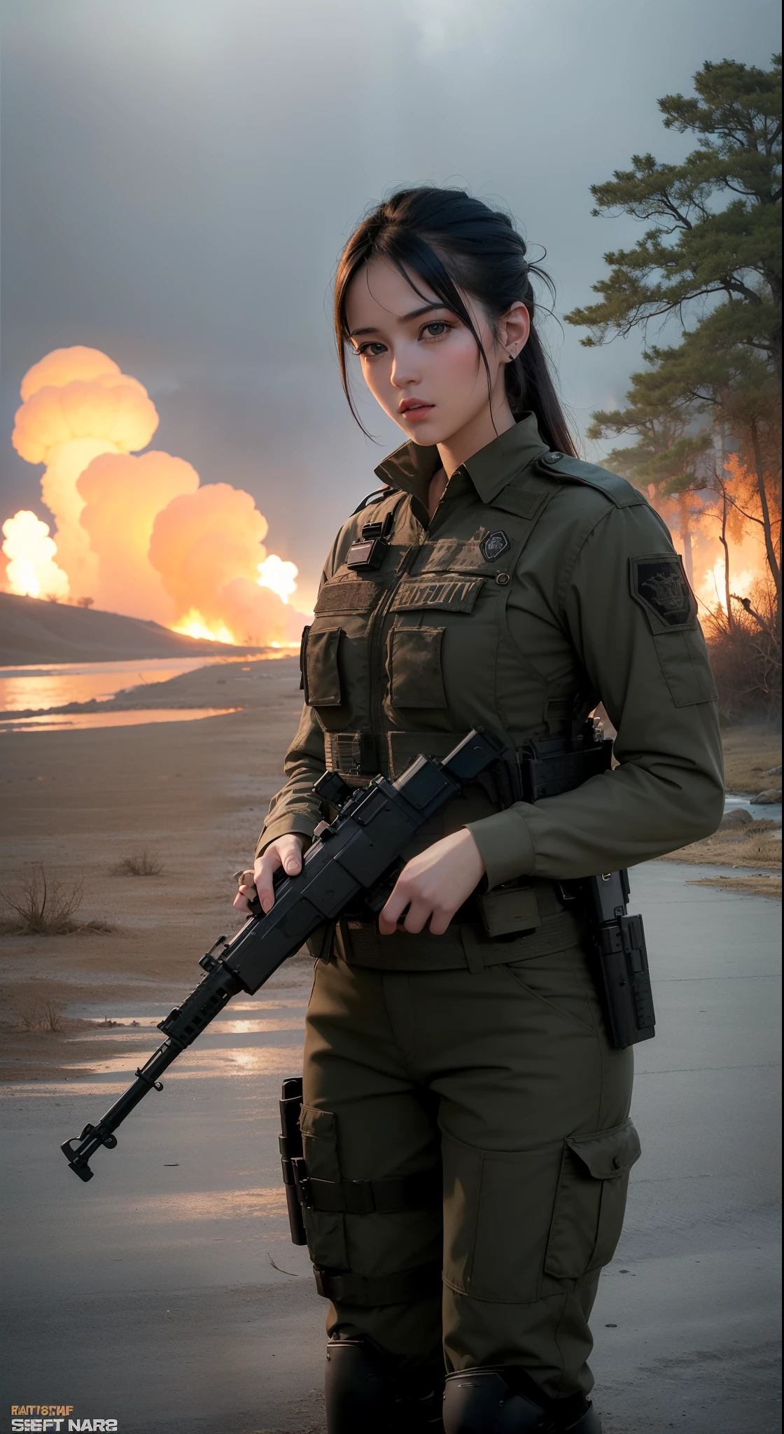 ((best quality)), ((masterpiece)), (detailed), beautiful lighting, best quality, realistic, full body portrait, real picture, intricate details, depth of field, 1girl, A very muscular solider girl with long haircut, around 20 years old wearing a black uniform holding a gun in the hallway, wearing Swat tactical gear, photography of a techwear woman, dressed in Swat tactical armor, black Swat tactical gear, Tactical vest and holster, Beautiful Female Soldier, Holding a rifle, closeup portrait shot, Have an MP7, holding rifle, special forces security, airsoft cqb, highly-detailed, perfect face, blue eyes, lips, wide hips, small waist, tall, make up, Fujifilm XT3, outdoors, bright day, Beautiful lighting, RAW photo, 8k UHD, film grain, ((bokeh)) (((Walking along a stream in a jungle, Fires, Smoke, debris, Camo netting, Ammo Boxes, Rain, Stormy, Wet, abstract beauty, near perfection, burning scene in the background, the forest is on fire, Mushroom Cloud, winner of the year's best photo, the world on fire, post-apocalyptic hellscape military photography, photo epic of the year, fire on the horizon, epic cinematic shot, pure form, intricate detail, 8k post-production, High resolution, super Detail, trending on ArtStation, sharp focus, studio photos, intricate detail, Very detailed,