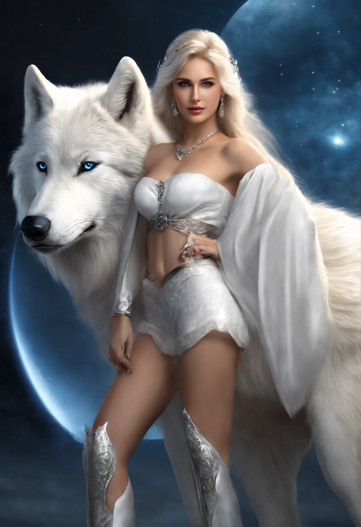 ((White wolf and girl)), (huge wolf), white wolf&#39;her fur glows with silver sparks, (a huge white wolf guards a beautiful young girl), motion, runs ahead, stooping forward, (Venus de Milo), (NSFW), a goddess, blue eyes, (A very young girl), ((Girl 16 years old)) lips ajar, blue eyes, blonde woman, Very long curly hair, transparent board, transparent air payment, Silver collar, Silver Belt, greek sandals, Silver sandals, Starry sky background, A lot of stars, background Orion Nebula, Two moons, Orion Nebula, go on star trek, The Milky Way is at your feet. full body photographed, Panoramic view, (Masterpiece: 1.5) (Photorealistic: 1.1) (Best Quality) (detail skin texture, pores, hairsh: 1.1) (Intricate) (8K) (HDR) (wallpapers) (Cinematic lighting) (sharp-focus)