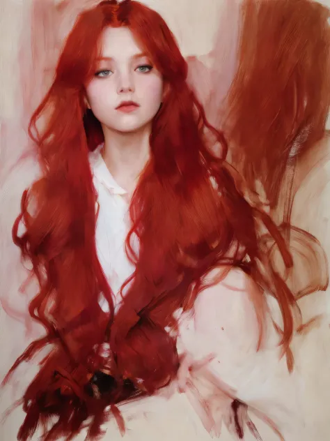 High quality，Sargent, 1 rapariga, red hair color hair,actual, contours, Open, shut up, The shirt,