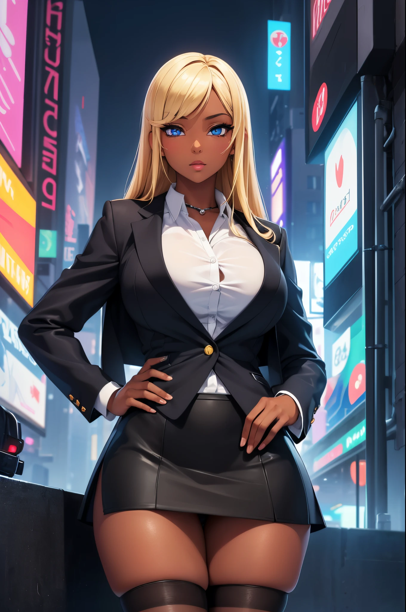 (Masterpiece, Best quality, ultra high resolution),1girl, gyaru, dark brown skinned, blue eyes, blonde hair, large breasts, thick thighs, himecut, Black office jacket, white shirt, black office skirt and black stockings, beautiful and detailed face, detailed eyes, detailed nose, cyberpunk city at night with fog and neon lights