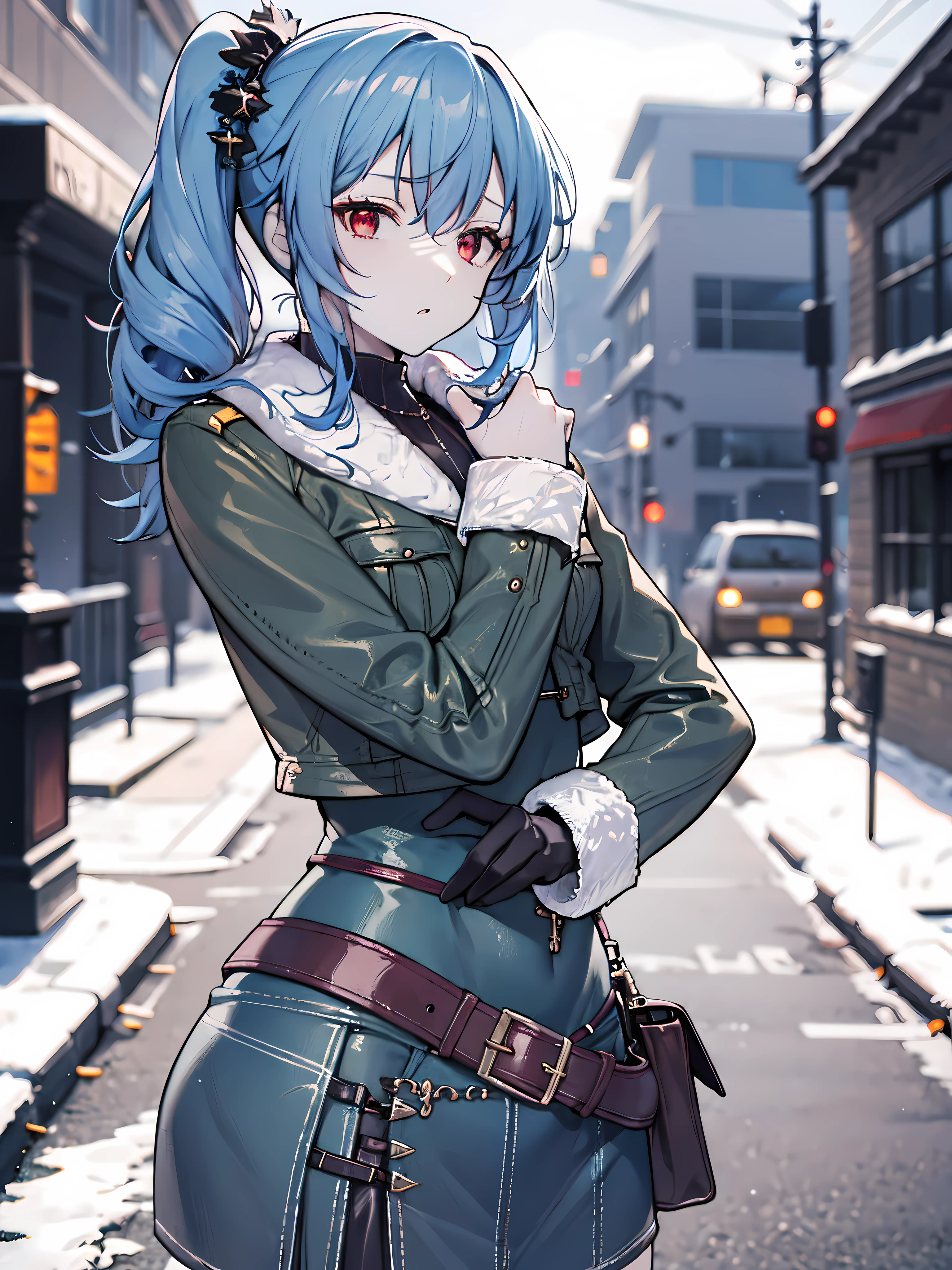 detailed, (masterpiece:1.2), (pale skin:1.2), (blurred_background), (dynamic_pose), (solo:1.2), (female), (emphasis lines:1.3), slender, blue hair, side ponytail, red eyes, (military uniform:1.3), (expresionless), day, (winter), tundra, (outdoors)