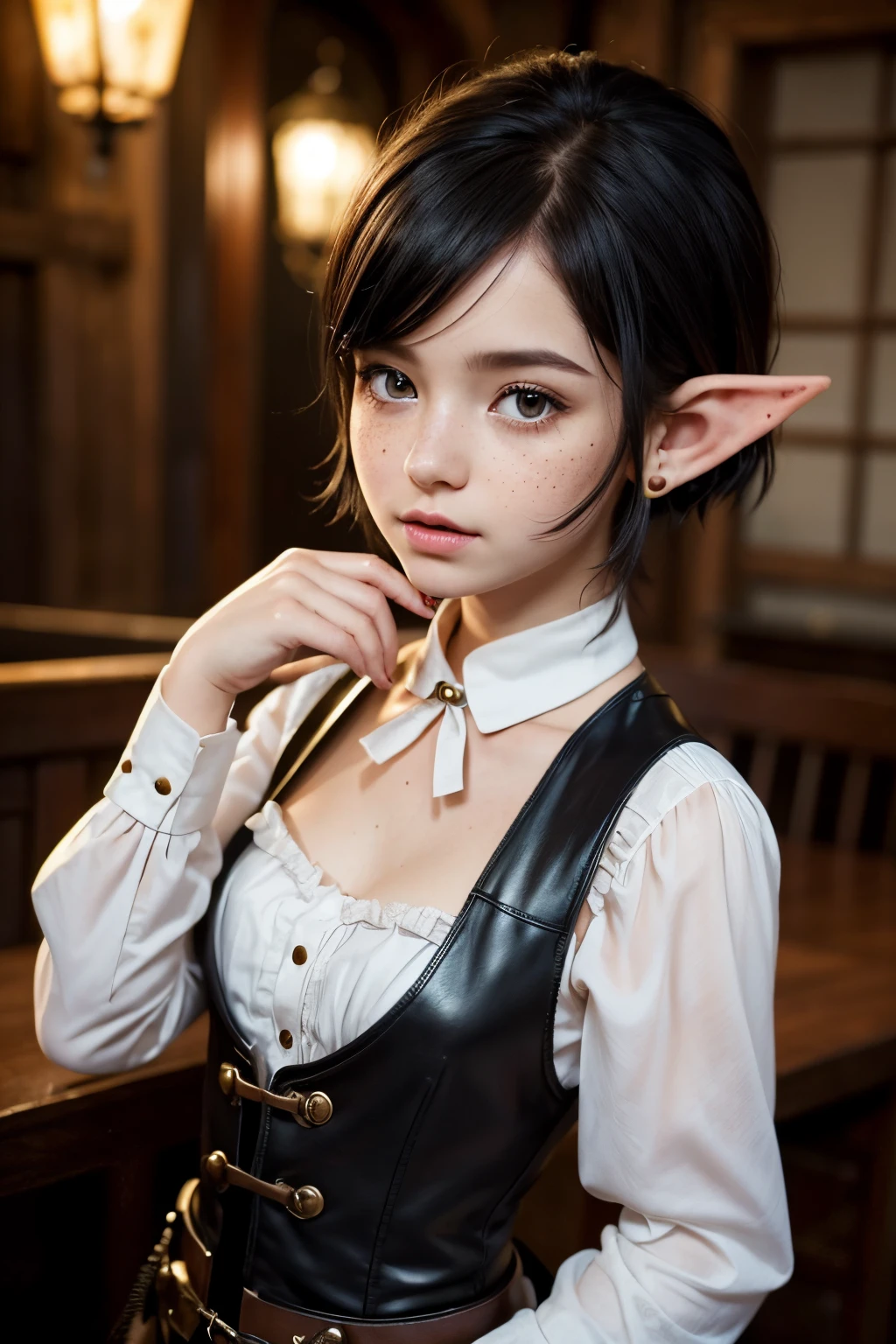 (1fille, , Petites oreilles d&#39;elfe mignonnes, Mignon, Beau, taches de rousseur), (Les cheveux cours et noirs), Porter des vêtements steampunk formels,