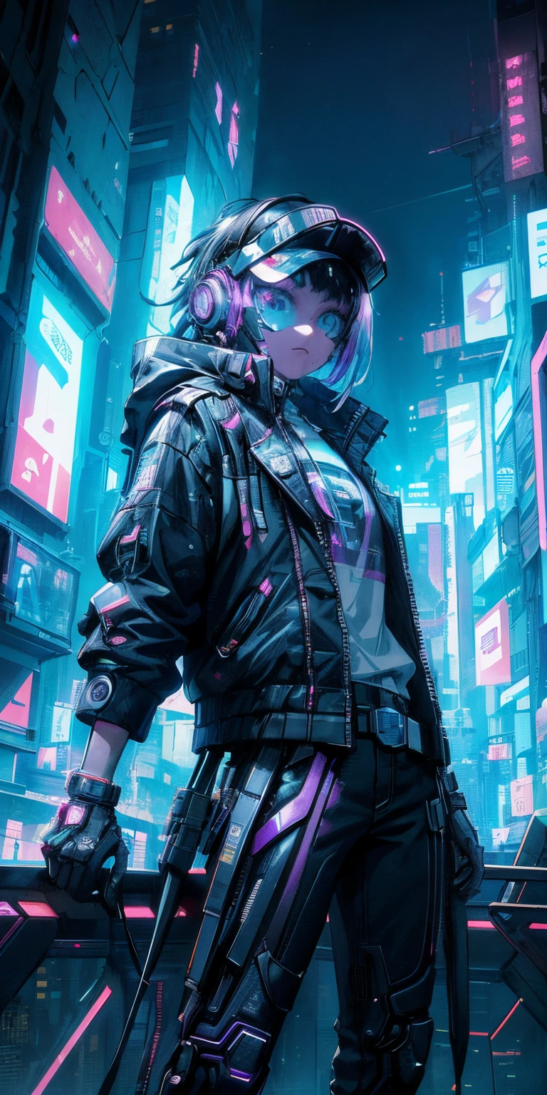 (頂級品質)、((傑作)、賽博朋克未來之城 、一名 12 歲女孩臉上貼有電子護目鏡，正從建築物的屋頂眺望城市、賽博朋克時尚、性感的姿勢、裸露的皮膚、夜晚黑暗城市的霓虹燈,