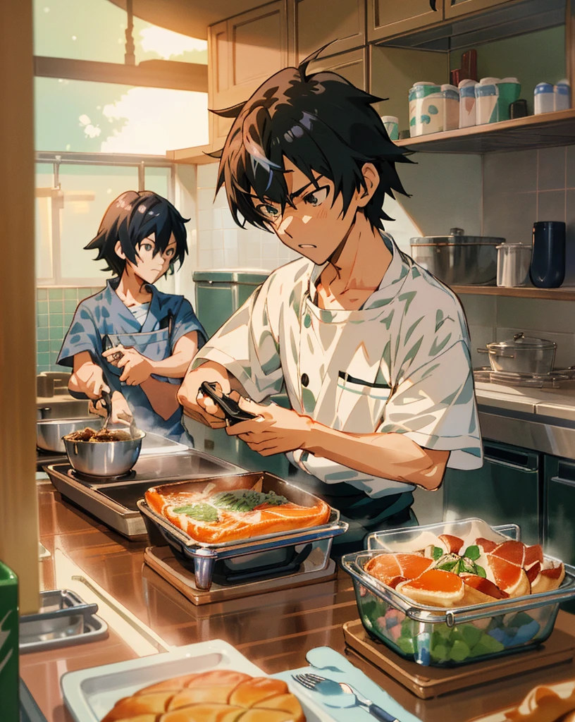 Anime-Anime-Küchenszene, in der Essen in einer Küche zubereitet wird, sakimichan and Makoto Shinkai, yusuke murata and Makoto Shinkai, Makoto Shinkai art style, inspiriert von Tsuruko Yamazaki, guweiz and Makoto Shinkai, Makoto Shinkai style, ( ( Makoto Shinkai ) ), Anime-Essen