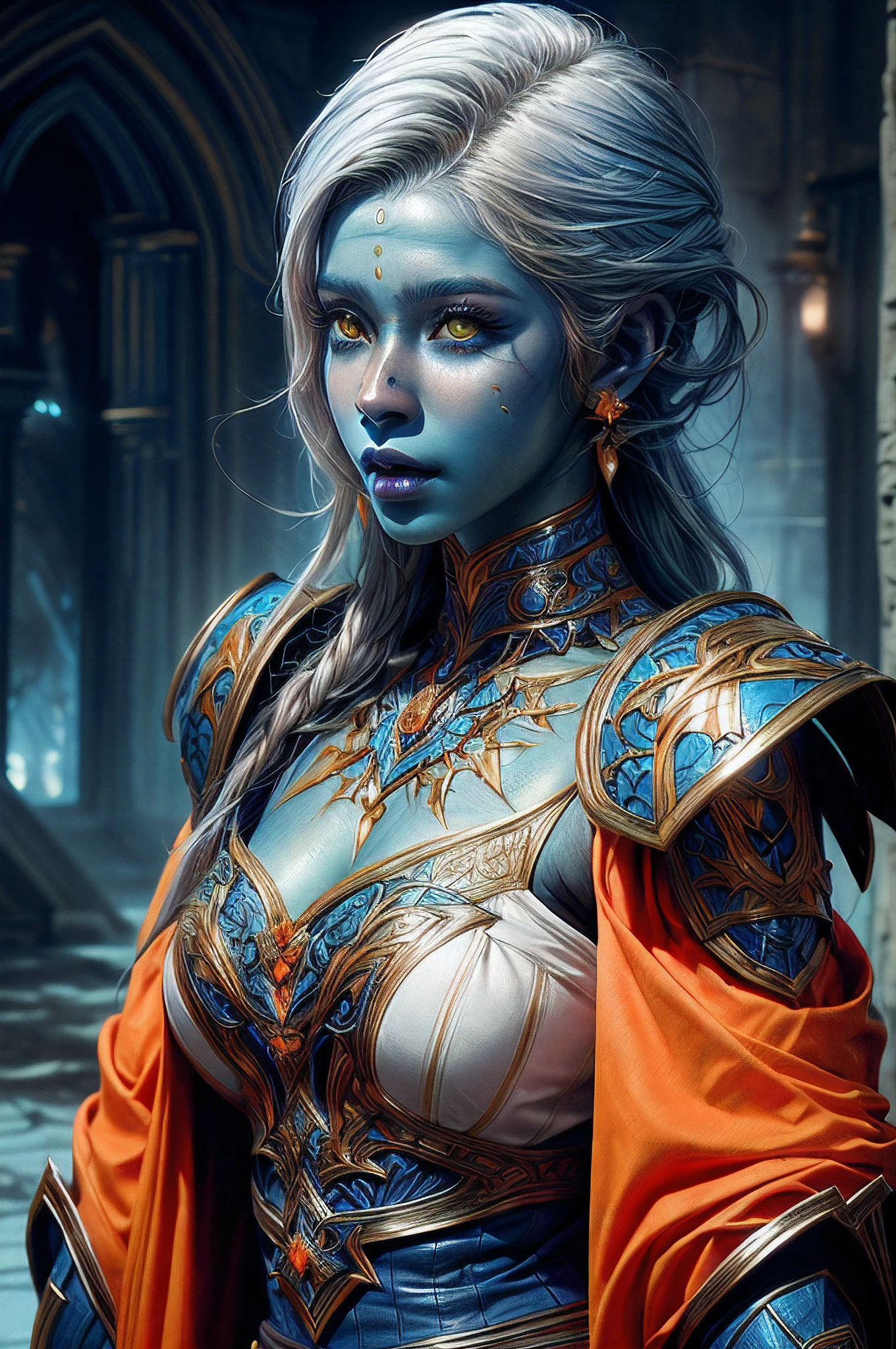 판타지 아트, DND 아트, RPG 아트, drkfntasy 와이드 샷, (걸작: 1.4) 초상화, 강렬한 디테일, 매우 상세한, 사실적인, 최고의 품질, 고등어, 초상화 a vedalken female (판타지 아트, 걸작, 최고의 품질: 1.3) (blue colored 피부: 1.3), 강렬한 디테일 facial details, 절묘한 아름다움, (판타지 아트, 걸작, 최고의 품질)성직자, (blue colored 피부: 1.3) 1인블루_피부, (하얀색 hair: 1.3), 긴 머리, 강렬한 녹색 눈, 판타지 아트, 걸작, 최고의 품질) 불칼 붉은 불을 무장하다, 무겁게 입고 (하얀색: 1.3) 하프 플레이트 메일 아머 LnF 착용 하이힐 레이스 부츠, 입고(주황색 :1.3) 망토, 빛나는 신성한 상징을 입고 빛나는 룬_노란색, 판타지 사원 배경 내, 반사광, 높은 세부 사항, 최고의 품질, 16,000, [매우 상세한], 걸작, 최고의 품질, (매우 상세한), 확대, 울트라 와이드 샷, 사실적인, 날것의, 판타지 아트, DND 아트, 판타지 아트, 현실적인 예술