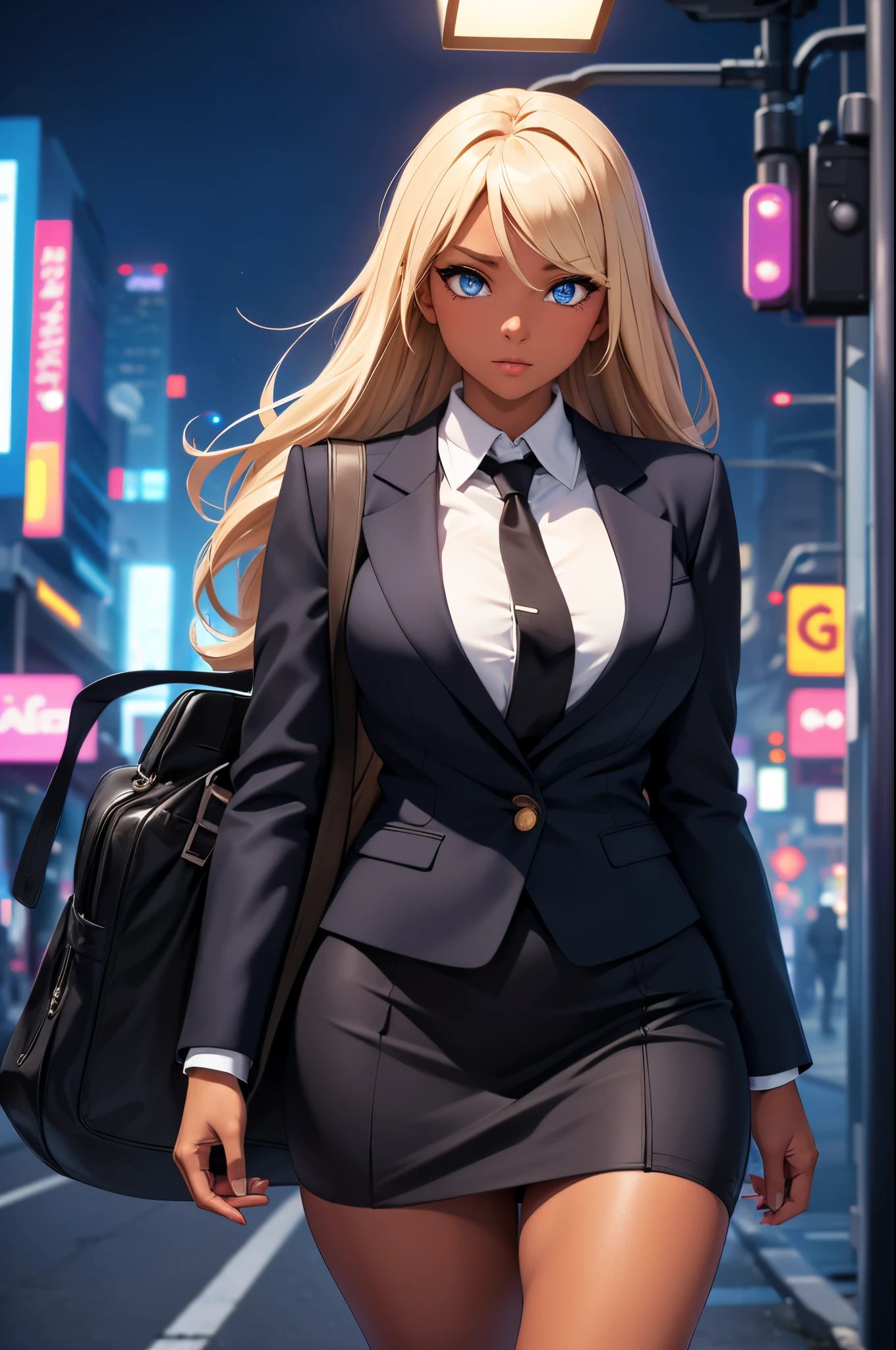 (Masterpiece, Best quality, ultra high resolution),1girl, gyaru, dark brown skinned, blue eyes, blonde hair, large breasts, thick thighs, himecut, Black office jacket, white shirt, black office skirt and black stockings, beautiful and detailed face, detailed eyes, detailed nose, cyberpunk city at night with fog and neon lights. She iswalking to the left as she crosses a street walk zone