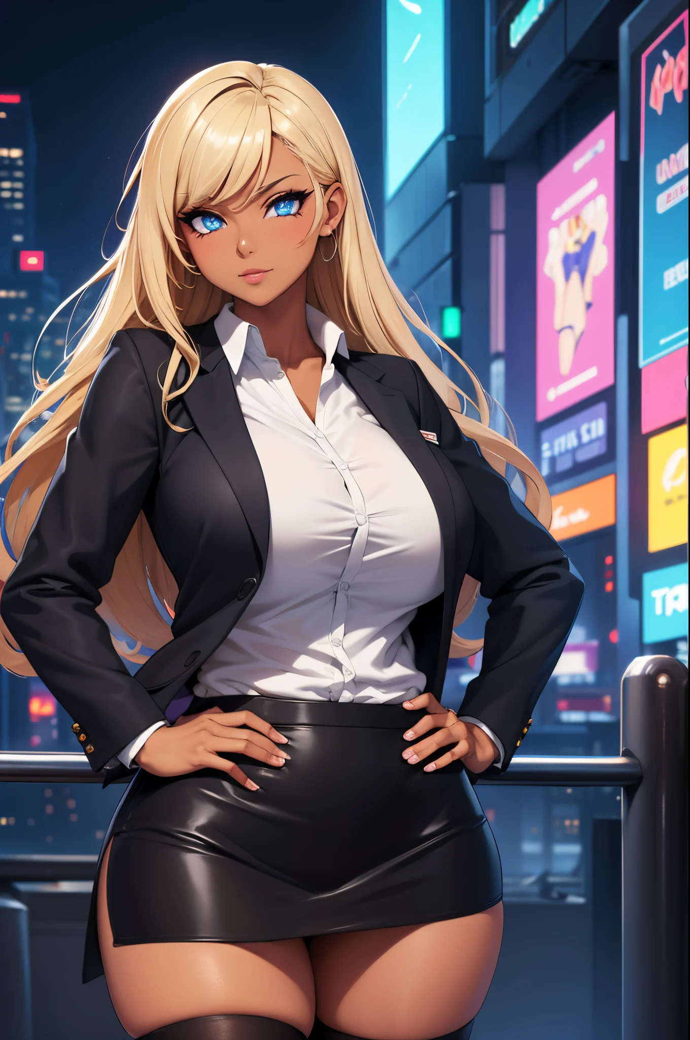 (Masterpiece, Best quality, ultra high resolution),1girl, gyaru, dark brown skinned, blue eyes, blonde hair, large breasts, thick thighs, himecut, Black office jacket, white shirt, black office skirt and black stockings, beautiful and detailed face, detailed eyes, detailed nose, cyberpunk city at night with fog and neon lights. She has her hands on her hips and is looking seductively at the camera