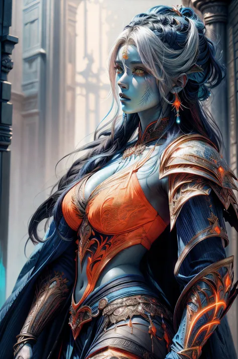 fantasy art, dnd art, RPG art, drkfntasy wide shot, (masterpiece: 1.4) portrait, intense details, highly detailed, photorealistic, best quality, highres, portrait a vedalken female (fantasy art, Masterpiece, best quality: 1.3) (blue colored skin: 1.3), int...