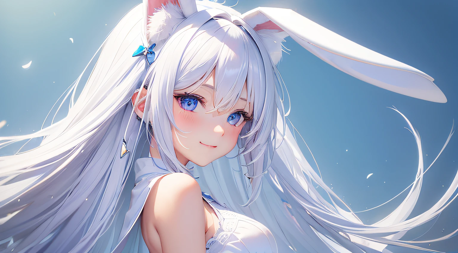 Anime girl with long white hair and blue eyes wearing bunny ears - SeaArt AI