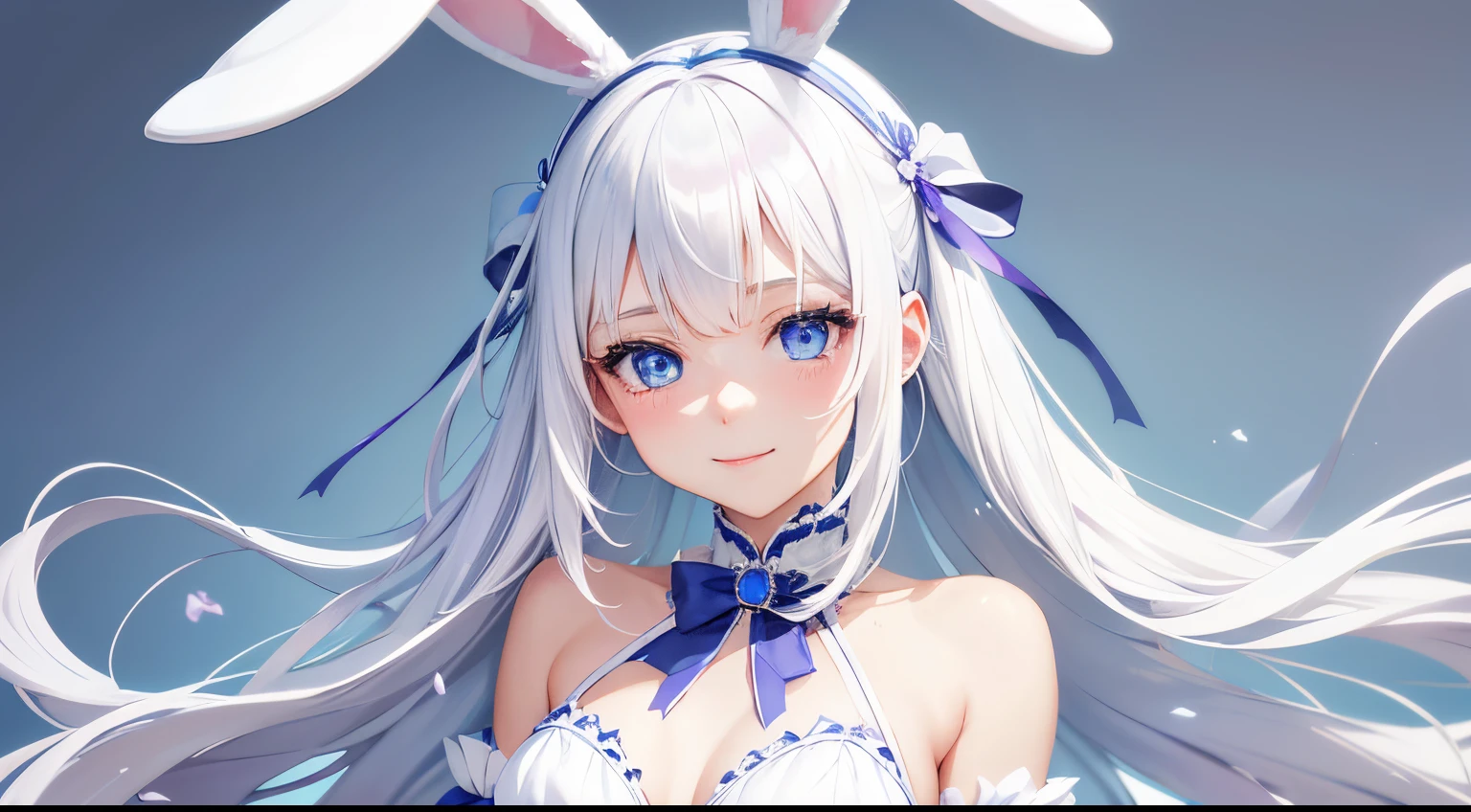best quality, details, light blue eyes!, make cute white hair 22years old girl smiling with white bunny ears band, straight hair, sfw small breasts, soft violet background