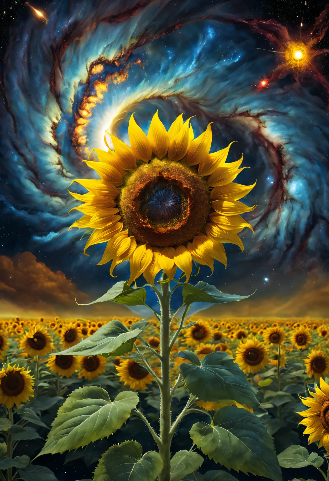 sunflower god, the almighty creator of the entire universe, Larger than all galaxies, Ultra-detailed graphic representation of giant energy clouds in the middle of the universe, Super sharp, hyper realisitc, iintricate, 32K, Realisticstyle