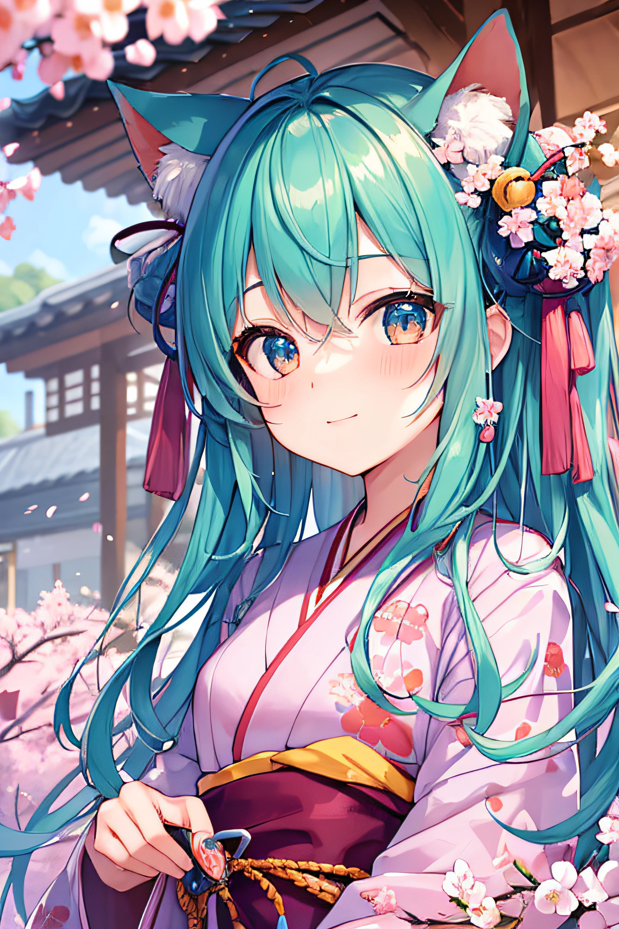 ​masterpiece、Top image quality、超A high resolution、miku hatsune、blue hairs、Twin-tailed、Blushing、Cute and shy、Kimono、kyoto、Japan、during daytime、cherryblossom、Lots of cherry blossom petals、Cherry Blossom Shower、spring