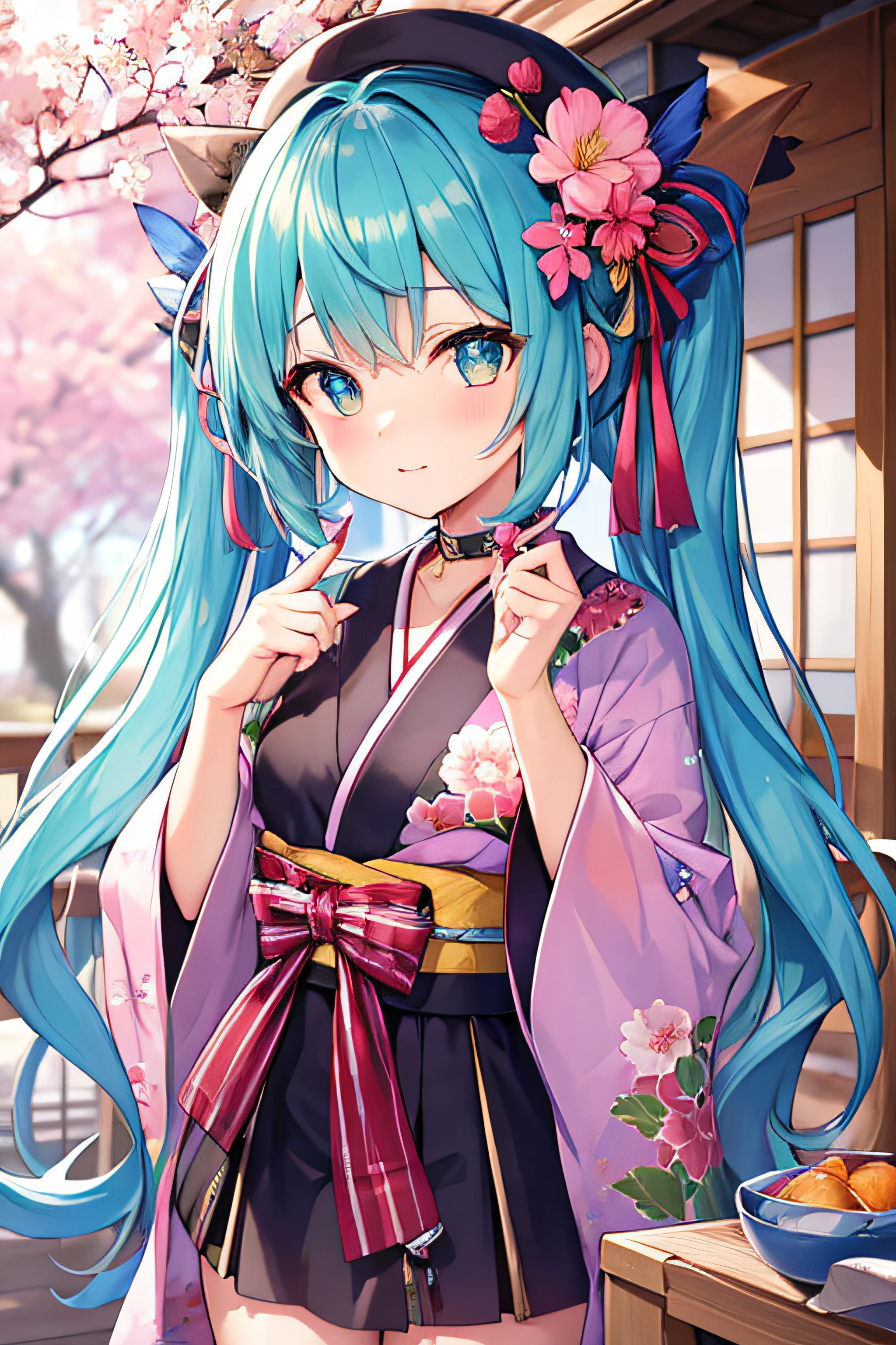 ​masterpiece、Top image quality、超A high resolution、miku hatsune、blue hairs、Twin-tailed、Blushing、Cute and shy、Kimono、kyoto、Japan、during daytime、cherryblossom、Lots of cherry blossom petals、Cherry Blossom Shower、spring