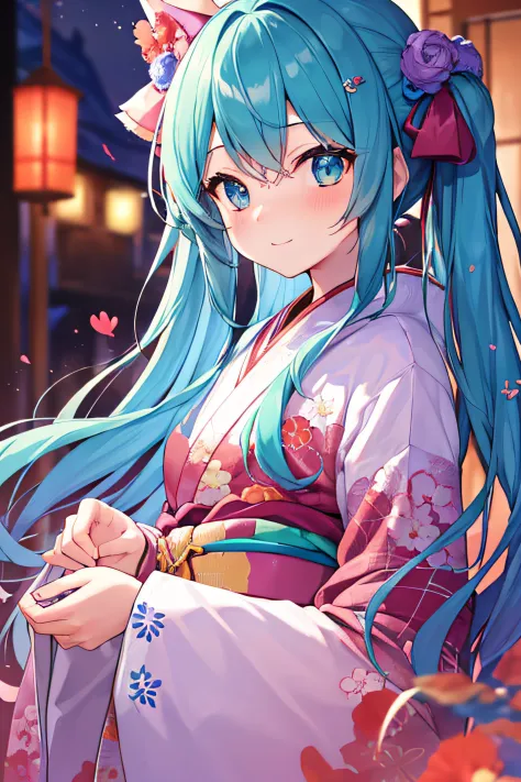 ​masterpiece、Top image quality、超A high resolution、miku hatsune、blue hairs、Twin-tailed、Blushing、Cute and shy、Kimono、kyoto、Japan、Night time