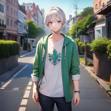 1 boy, White hair, Blue eyes, fully body photo, standing at front, casual dress looking straight ahead, Green background, high d...