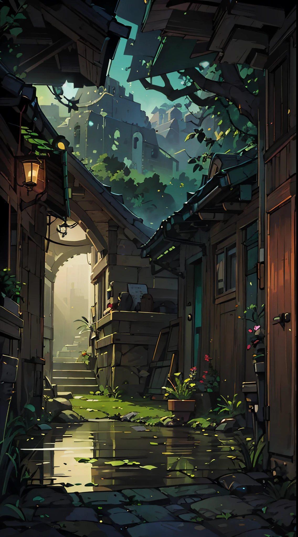 Abandoned and flooded wooden house. Flats and slime. Dark Place. anime painting