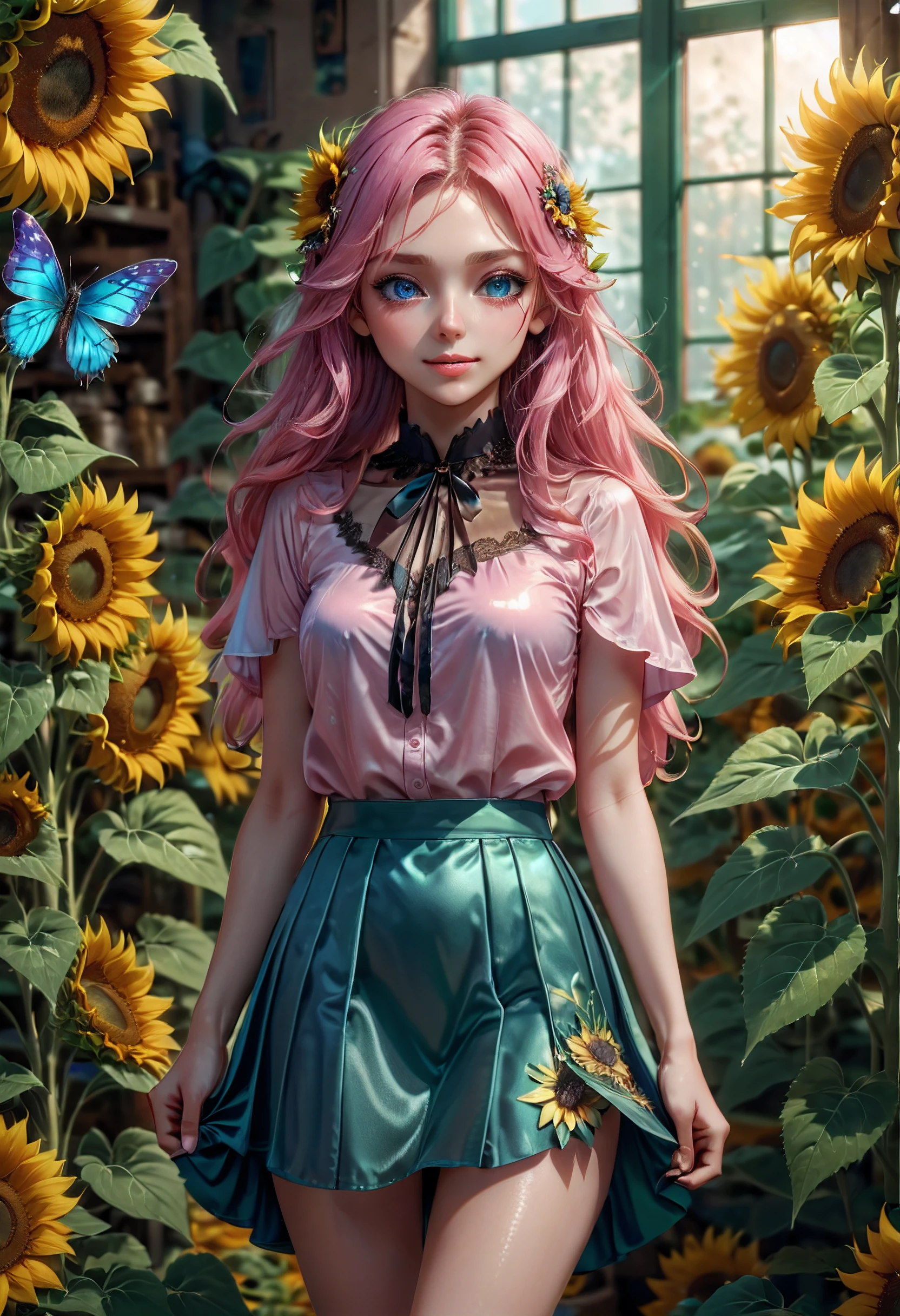 high details, best quality, 16k, RAW, [best detailed], masterpiece, best quality, (extremely detailed), GlowingRunes_red, full body, ultra wide shot, photorealistic, fantasy art, RPG art, D&D art, a picture of a fairy selling sunflowers in a florist shop, extremely beautiful fairy, ultra feminine (intense details, Masterpiece, best quality), butterfly wings (intense details, Masterpiece, best quality), blue and green wings (intense details, Masterpiece, best quality), light pink hair, long hair, shinning hair, flowing hair, shy smile, innocent smile, blue eyes, wearing bright skirt, dynamic elegant shirt, chocker, wearing high heels, in flower shop (intense details, Masterpiece, best quality), extreme many (sunflowers: 1.3) (intense details, Masterpiece, best quality), sunflower shop in a modern era street, High Detail, Ultra High Quality, High Resolution, 16K Resolution, Ultra HD Pictures, Ultra Realistic, Clear Details, Realistic Detail, Ultra High Definition