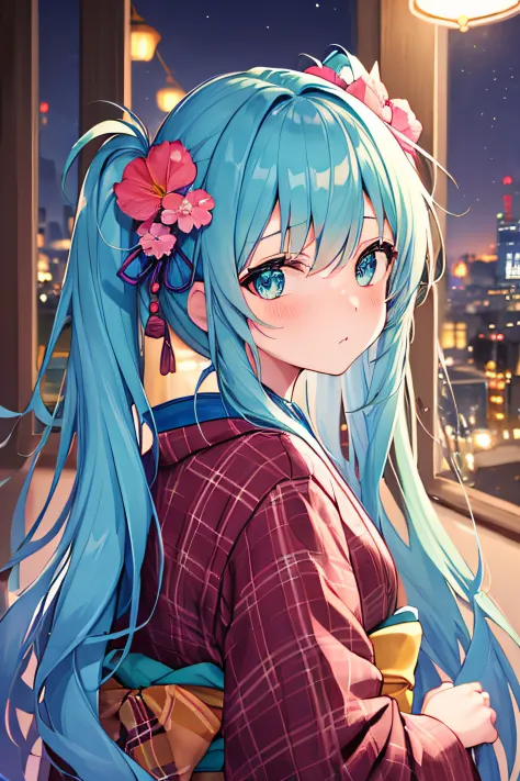 ​masterpiece、Top image quality、超A high resolution、miku hatsune、blue hairs、Twin-tailed、Blushing、Cute and shy、Kimono、kyoto、Japan、N...