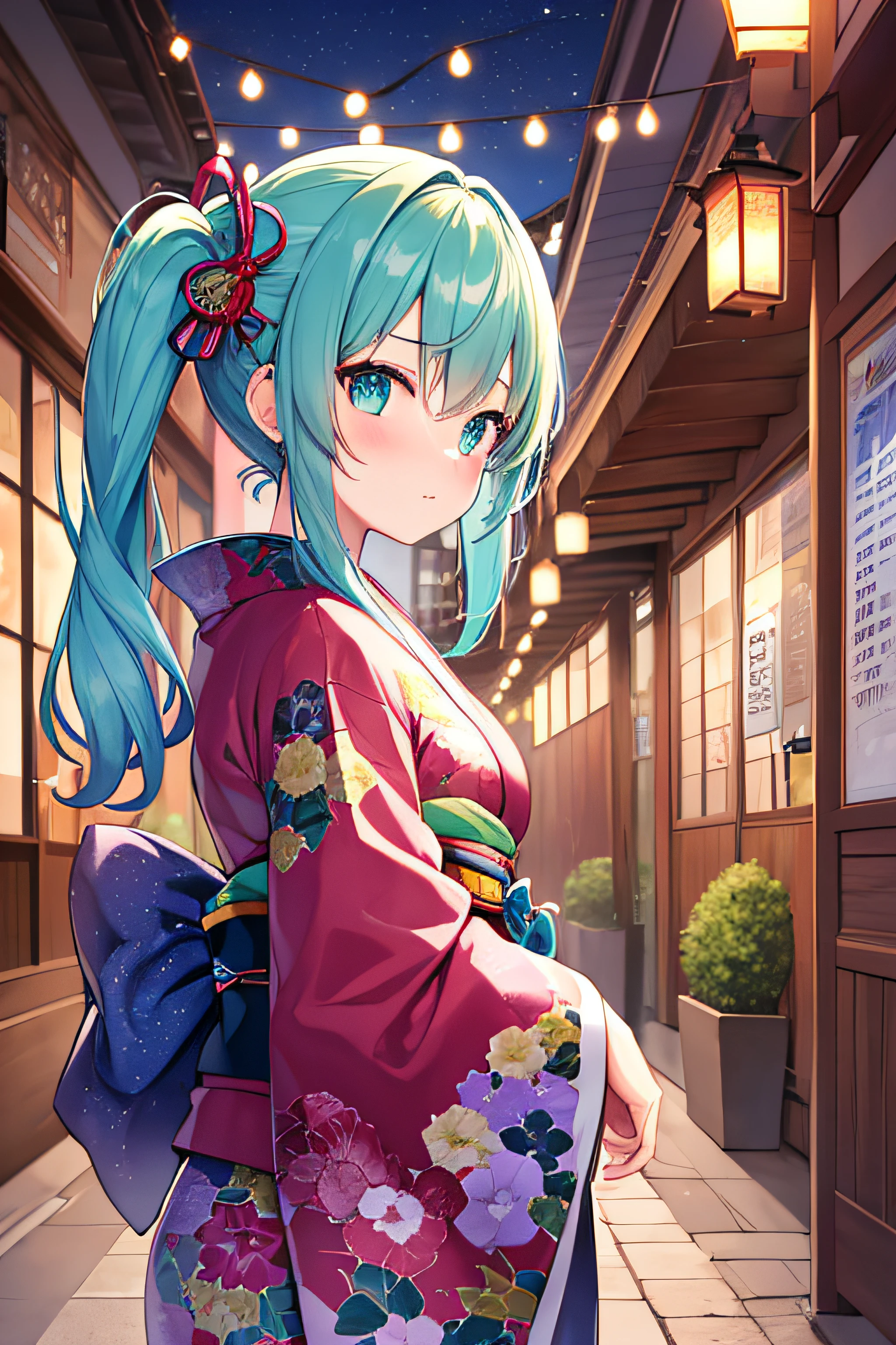 ​masterpiece、Top image quality、超A high resolution、miku hatsune、blue hairs、Twin-tailed、Blushing、Cute and shy、Kimono、kyoto、Japan、Night