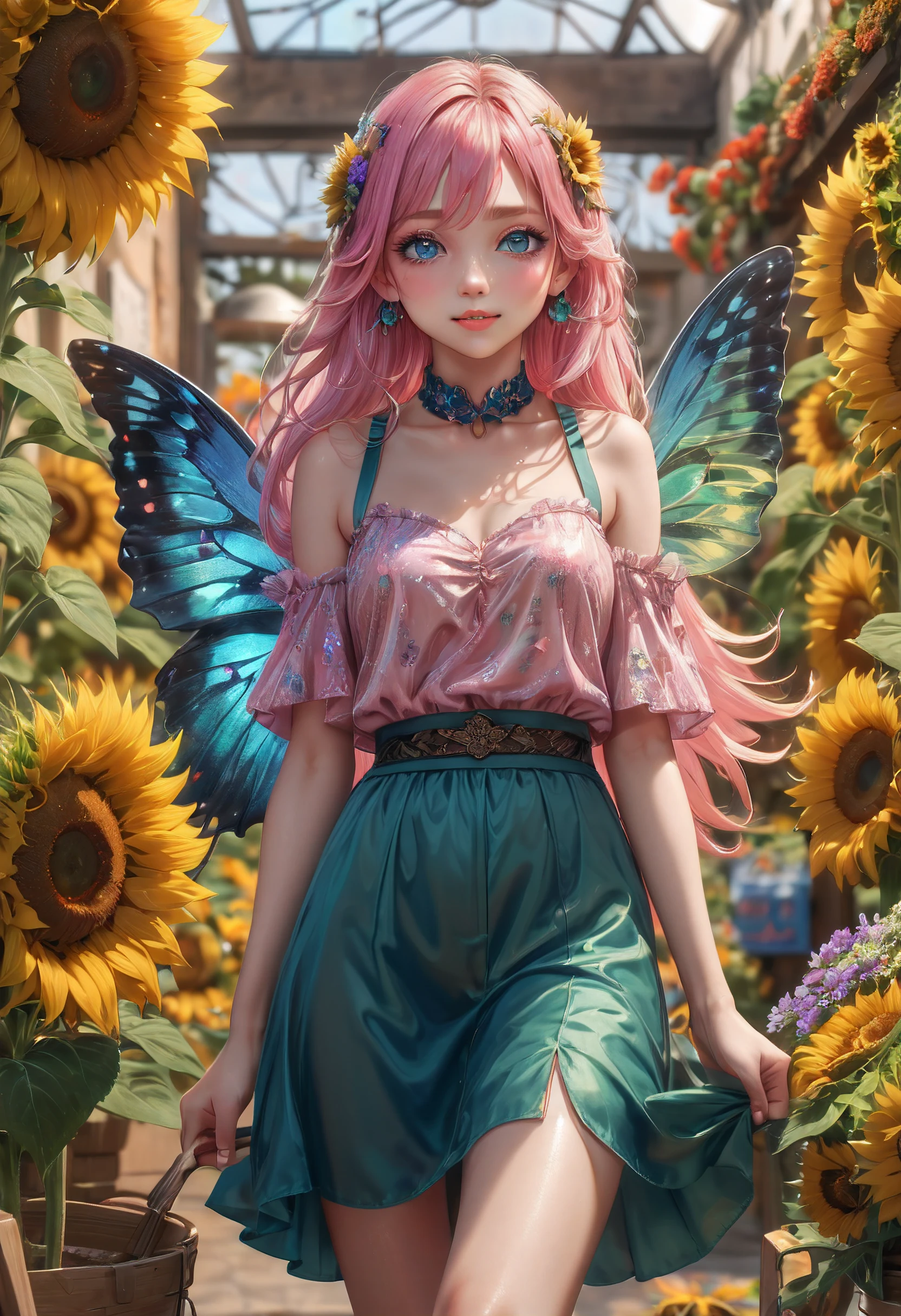 high details, best quality, 16k, RAW, [best detailed], masterpiece, best quality, (extremely detailed), GlowingRunes_red, full body, ultra wide shot, photorealistic, fantasy art, RPG art, D&D art, a picture of a fairy selling sunflowers in a florist shop, extremely beautiful fairy, ultra feminine (intense details, Masterpiece, best quality), butterfly wings (intense details, Masterpiece, best quality), blue and green wings (intense details, Masterpiece, best quality), light pink hair, long hair, shinning hair, flowing hair, shy smile, innocent smile, blue eyes, wearing bright skirt, dynamic elegant shirt, chocker, wearing high heels, in flower shop (intense details, Masterpiece, best quality), extreme many (sunflowers: 1.3) (intense details, Masterpiece, best quality), sunflower shop in a modern era street, High Detail, Ultra High Quality, High Resolution, 16K Resolution, Ultra HD Pictures, Ultra Realistic, Clear Details, Realistic Detail, Ultra High Definition